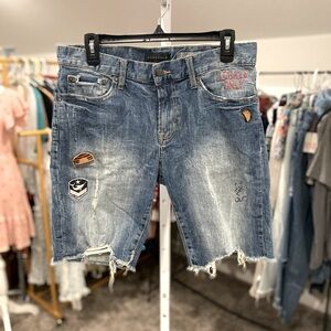 Aeropostale Medium Wash Patches Stretch 10" Denim Cutoff Shorts